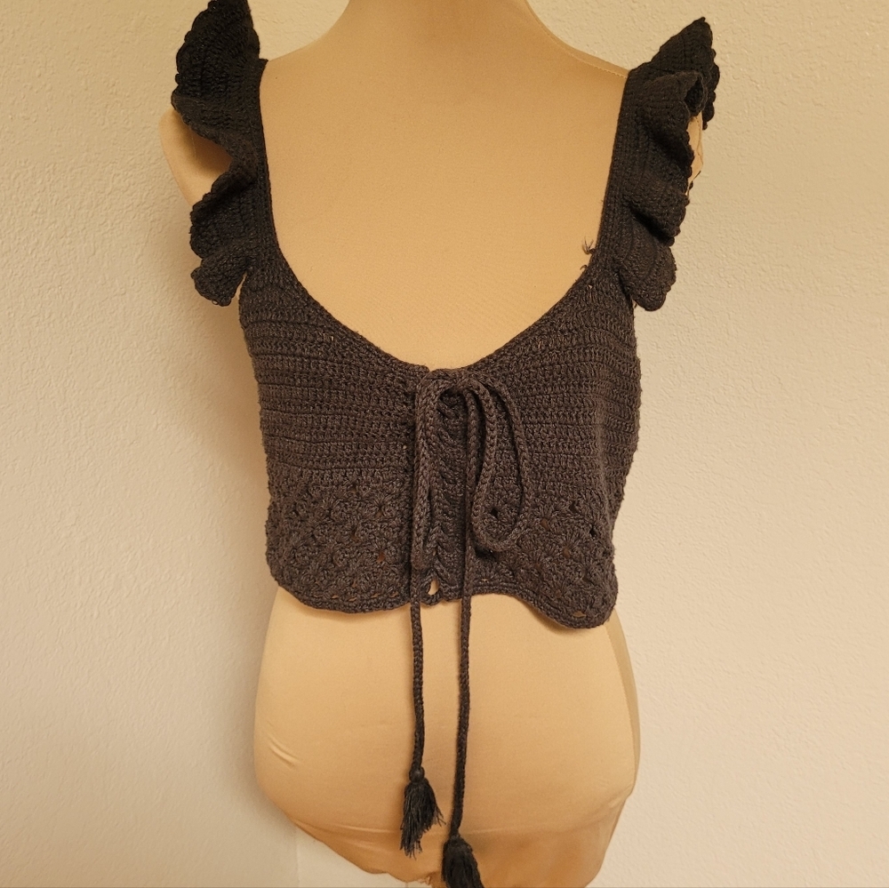 MAJORELLE Black Crochet Ruffle Tie-Front Crop Top
